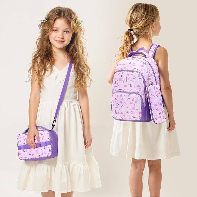 mygreen 3PCS Kids Backpack Set - Waterproof Bookbag with Lunch Box for Girls Ages 3-12, Adorable Cartoon Prints for School & Outdoor Use Pink Mermaid