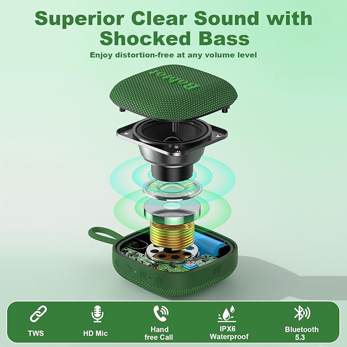 Bobtot Portable Bluetooth Speakers Wireless - IPX7 Waterproof Mini Shower Speaker with 16 Hours Playtime, Loud Stereo Sound, Rich Bass, TWS, Built-in Mic, Small Size for Travel Sport, Green
