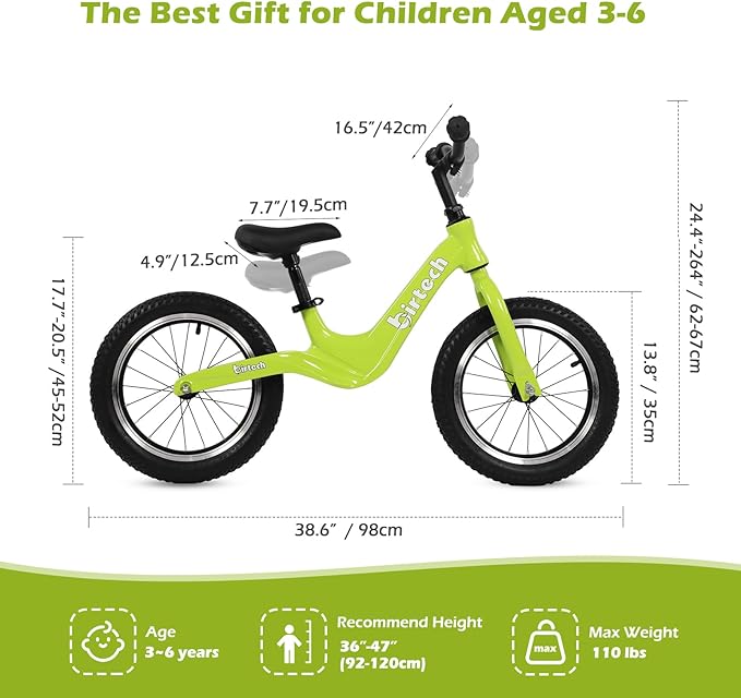 14" Kids Balance Bike for 3,4,5,6 Year Old Boys and Girls, Air Tires with Magnesium Alloy Frame, Lightweight No Pedal Toddler Training Bicycle