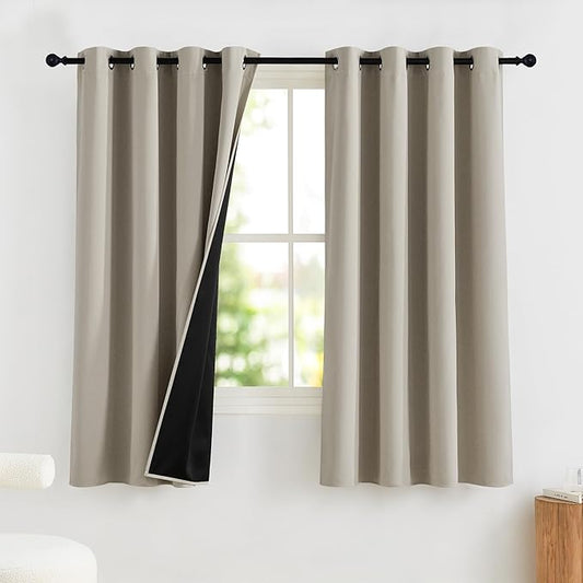 NICETOWN 100% Blackout Curtains for Bedroom, Thermal Insulated Window Curtains 63 Inch Length 2 Panels Set, Grommet Top Short Drapes for Living Room, 52" W x 63" L, Natural