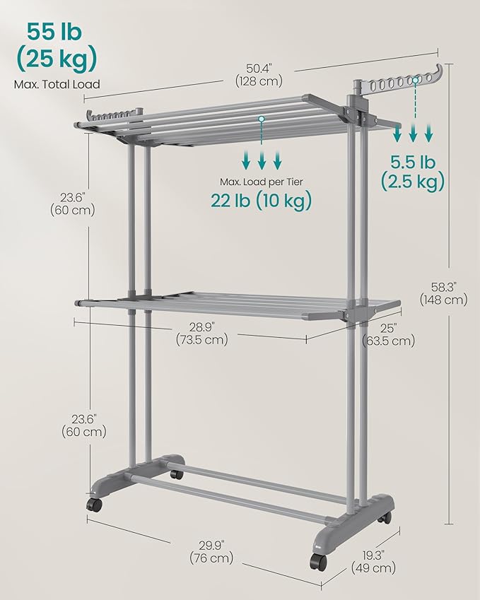 SONGMICS Clothes Drying Rack 3-Tier, Foldable Laundry Drying Rack 58.3-Inch Tall, Stainless Steel, Rolling Clothes Horses, Clothes Airer, Indoor Outdoor Use, Dove Gray ULLR702G01