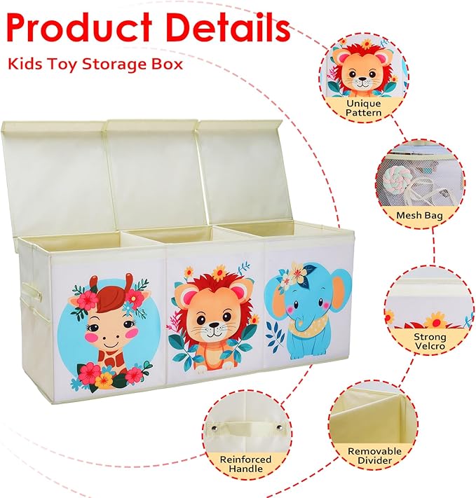 Toy Box Chest for Kids, Collapsible Oxford Toy Storage Box with Handles Mesh Pockets, Extra Large Sturdy Waterproof Organiser for Bedroom Playroom, 37.7×12.5×15.7 Inch (Cute Animal)