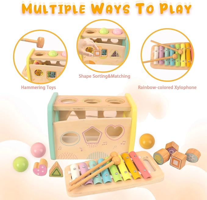 Hammering Pounding Toys Wooden Educational Toy Xylophone Shape Sorter, Birthday Gift for 1 2 3 Years Boys Girls Baby Toddler Kids Developmental Montessori Learning Toy (Yellow)