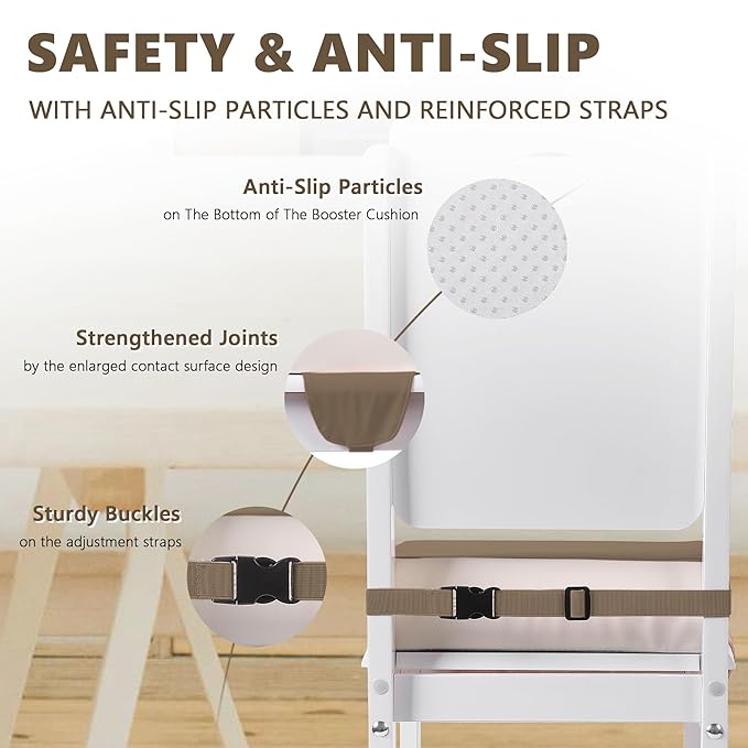 Booster Seat for Kitchen Chair with Adjustable Straps, Toddler Booster Seats for Dining Table Portable for Travel Camping Eating, Booster Cushion for Table for Baby Child Infant Kid Boy Girl