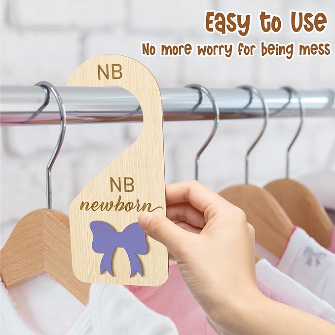 R HORSE Wooden Baby Closet Dividers - 8Pcs Double-Sided 3D Purple Bow Baby Closet Organizer Newborn Clothes Size Hanger Dividers Nursery Decor Baby Shower Birthday Gift for Boy Girl (0-24 Months)