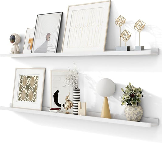 Solid Ash Wood Picture Ledge Shelf, Floating Shelves Set of 2, 56 Inch Long Large Ledge Shelves, Nursery Book Shelves Wall Mounted for Living Room Bedroom Kitchen Decor Kids Bookshelf, White