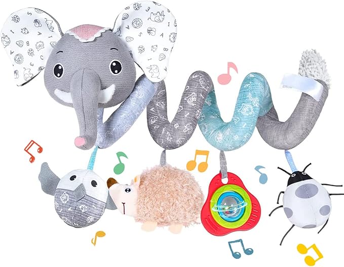 Koty Car Seat Toys, Infant Baby Spiral Plush Activity Hanging Toy for Stroller Bar Pram Crib with Music Box BB Squeaker & Rattles(Grey Elephant)
