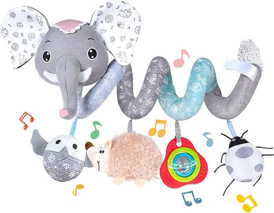 Koty Car Seat Toys, Infant Baby Spiral Plush Activity Hanging Toy for Stroller Bar Pram Crib with Music Box BB Squeaker & Rattles(Grey Elephant)