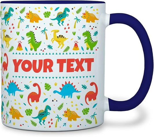 Personalized Mug for Kids - Dinosaurs - Custom Name/Text, Ceramic Hot Chocolate/Cocoa/Coffee Cup for Boys/Girls, Birthday/Christmas/Holiday Gift - 11 oz, Navy Blue Handle