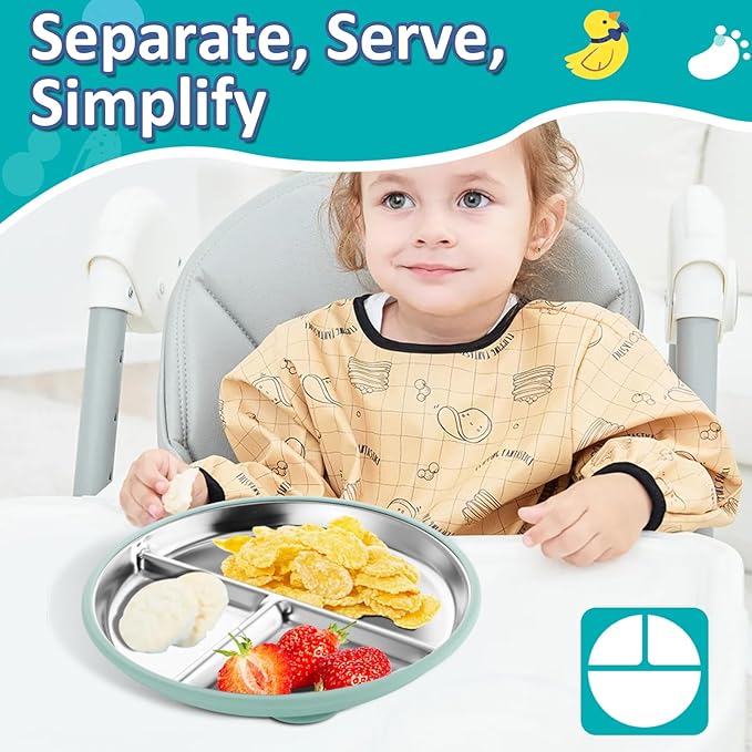 Stainless Steel Toddler Plate with Suction, 9” Divided Plates with Removable Silicone Sleeves for Kids, Non Toxic & BPA Free | Non Slip | Unbreakable Baby Snack Dishes Set of 2, Blue & Sage