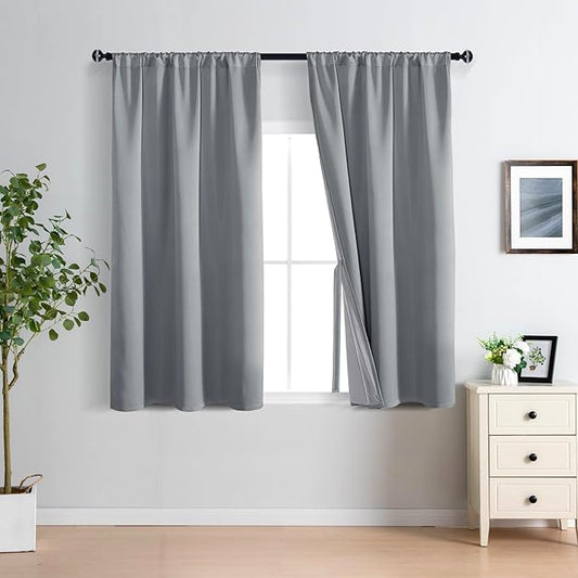 XWZO Total Blackout Curtains 54 Inches Long - Double Layer Full Room Darkening & Energy Efficiency Rod Pocket Window Panels with Tiebacks, Grey, W42 x L54, Set of 2