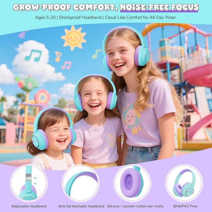 Nova1Pro Active Noise Cancelling Headphones for Kids, 3-Level Safe Volume 75/85/94dB, ANC Safe Wireless Listen, Type C Fast Charging, Bluetooth 5.4 with Mic, boy Girl for School, Travel & Airplane