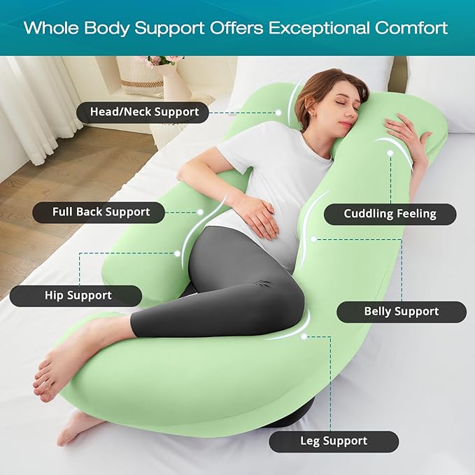 Sasttie Pregnancy Pillows for Sleeping, U Shaped Cooling Full Body Pillow with Removable Cover, Pregnant Women Must Haves, Maternity Essential, Light Green