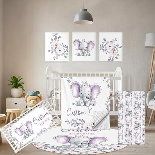 Personalized Baby Crib Bedding Set, 5 Pcs Custom Name Nursery Bedding Set, Purple Elephants Baby Bedding Set for Girls Boys, Double Layer Baby Crib Sets, Customized Gifts for Toddlers Infants