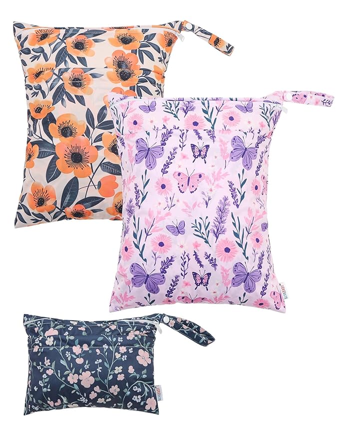 ALVABABY 3 Cloth Diaper Wet Dry Bags Waterproof Reusable with Two Zippered Pockets Travel Beach Pool Daycare Soiled Baby Items Yoga Gym Bag for Swimsuits or Wet Clothes Small medium Large 3L-SML08