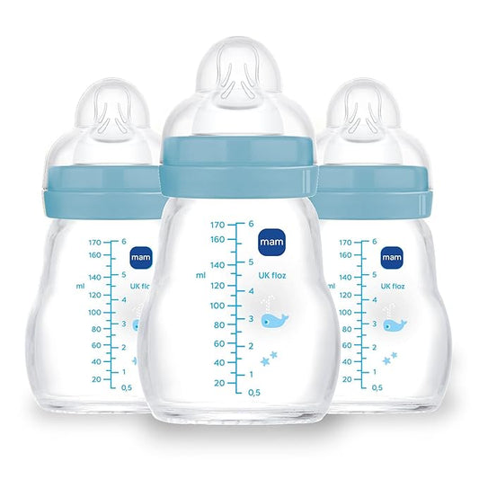 MAM Premium Glass Baby Bottles, Easy Switch Between Breast and Bottle, Feel Good Slow Flow, Newborn Essentials Must Have, 0+ Months, BPA Free, 6oz, Boy, 3 Pack