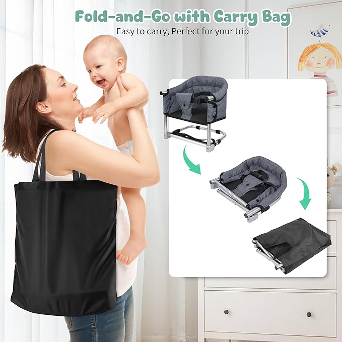 Booster Seat for Dining Table: Portable Toddler Booster Chair with Safety Buckle and Height Adjustable, Foldable Baby Feeding Chair, Kids High Chair Booster Seat for Kitchen Home Travel - Grey