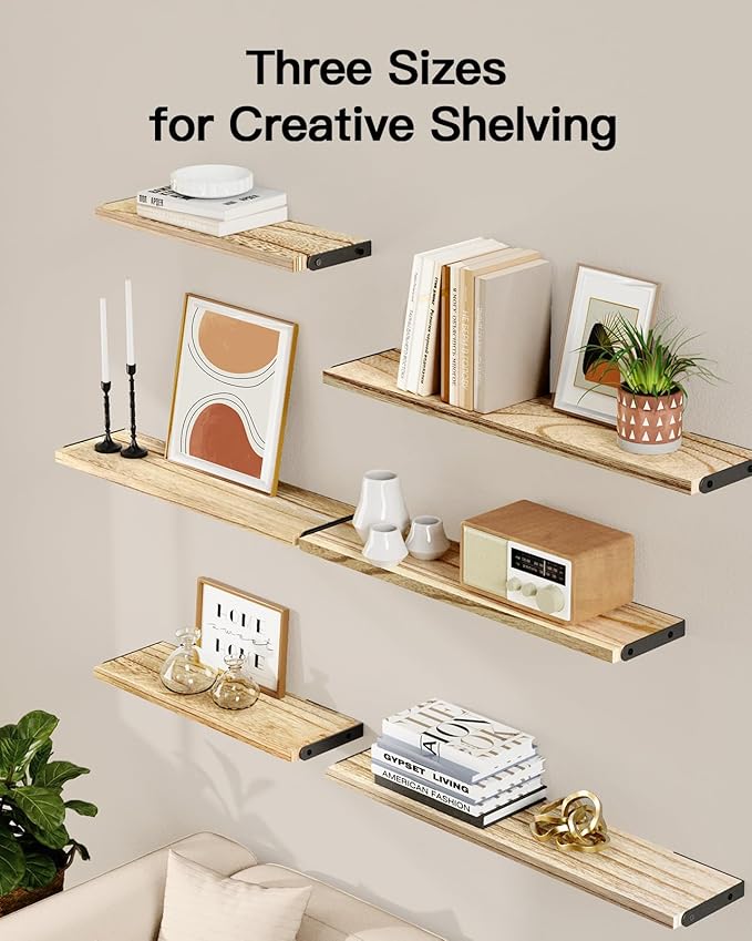 AMADA HOMEFURNISHING Long Wall Shelves, Rustic Farmhouse Style, Wood Floating Shelves for Wall Decor, Bathroom & Bedroom Storage, Living Room Book Shelves, 6pcs