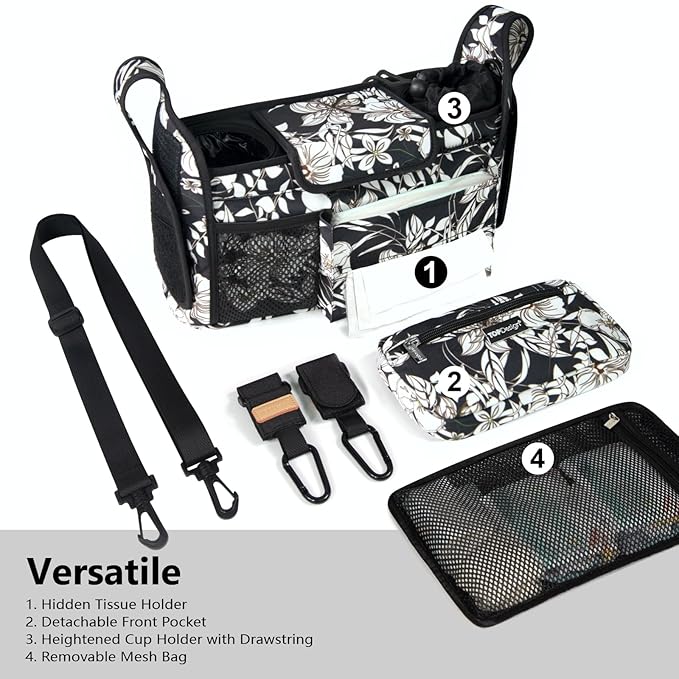 TOPDesign Universal Baby Stroller Organizer, Stroller Caddy with Detachable Mesh Bag & Heightened Insulated Cup Holders & Non-Slip Secure Hooks Accessories, Fits Most Strollers (Morning Glory)