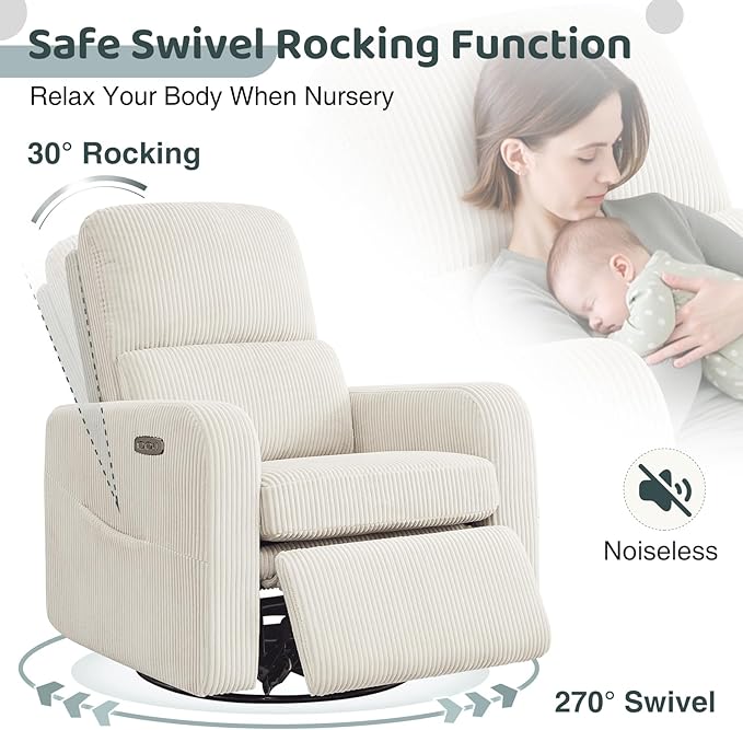 Swivel Rocker Recliner, Oversized Power Recliner Glider with Removable Cushion, Upholstered Swivel Reclining Nursery Chairs for Living Room Bedroom, Corduroy White