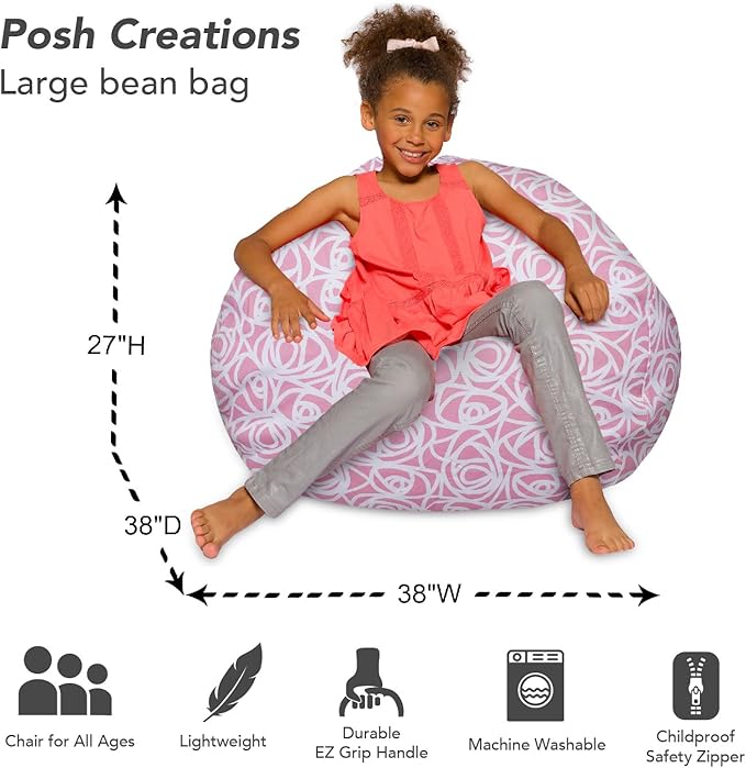 Posh Creations Bean Bag Chair for Kids, Teens, and Adults Includes Removable and Machine Washable Cover, Canvas Roses Pink, 38in - Large