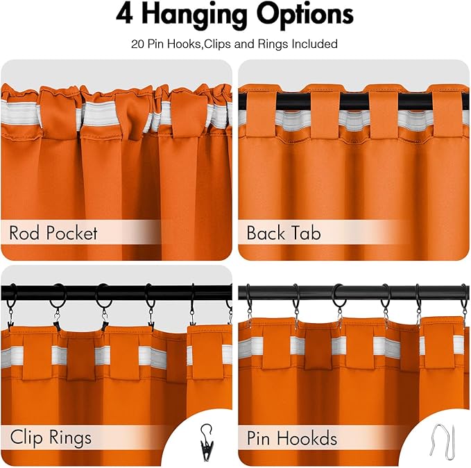 ANRODUO Back Tab Blackout Curtains for Bedroom Living Room, Rod Pocket Pinch Pleated Thermal Insulated Room Darkening Curtains 72 Inches Long 2 Panels, Orange, 42 x 72 Inch