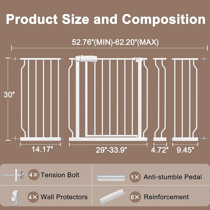 WAOWAO Baby Gate 52.76-62.2" Extra Wide Pressure Mounted Walk Through Swing Auto Close Safety White Metal Toddler Kids Child Dog Pet Puppy for Stairs,Doorways,Kitchen