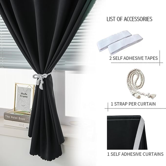 Adhesive Blackout Curtains- Self Stick Shades Window Blinds Curtains No Rod Needed Easy to Hang Curtains, Use for Bedroom, Living Room, Dining Room, Kitchen, Home Office, 47"W X 71"L, Black, 1 Panel
