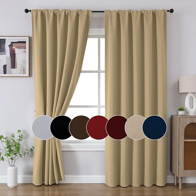 Joydeco 90 Inch Blackout Curtains for Bedroom, Thermal Insulated Black Out Curtains 2 Panels Se, Room Darkening Drapes for Living Room Window Rod Pocket Back Tab (W52 x L90 Inch, Beige)