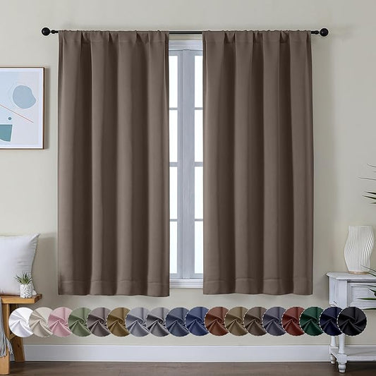 Simplebrand Ava Brown Short Blackout Curtains for Bedroom 45 Inches Long 2 Panels Set, Solid Thermal Insulated, Energy Saving Window Treatment Curtains Blackout Drapes, W40 x L45 Inch, Brown