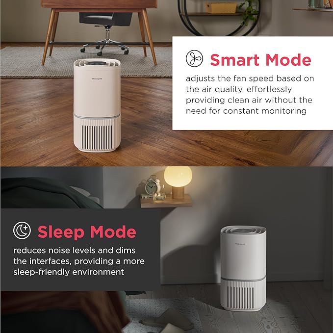 Frigidaire PureA300 HEPA Air Purifier for Small Bedrooms, Covers up to 850 Sq. Ft., 3-Stage Filtration, Energy Star Certification, Air Quality Monitoring, Smart Mode, Ultra Quiet, White