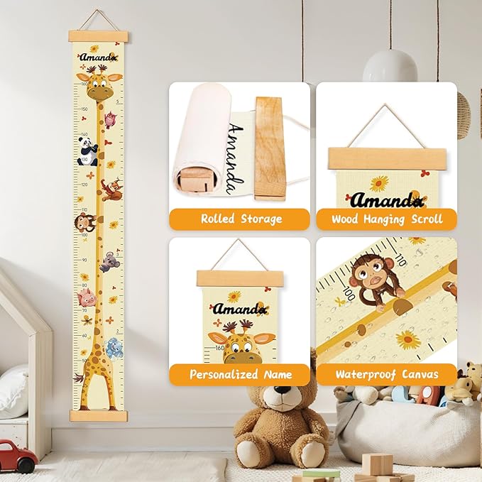 Personalized Name Growth Chart Wall Decor for Kids – Canvas Removable Height Chart Measuring Ruler 59" x 7.9" (Giraffes)
