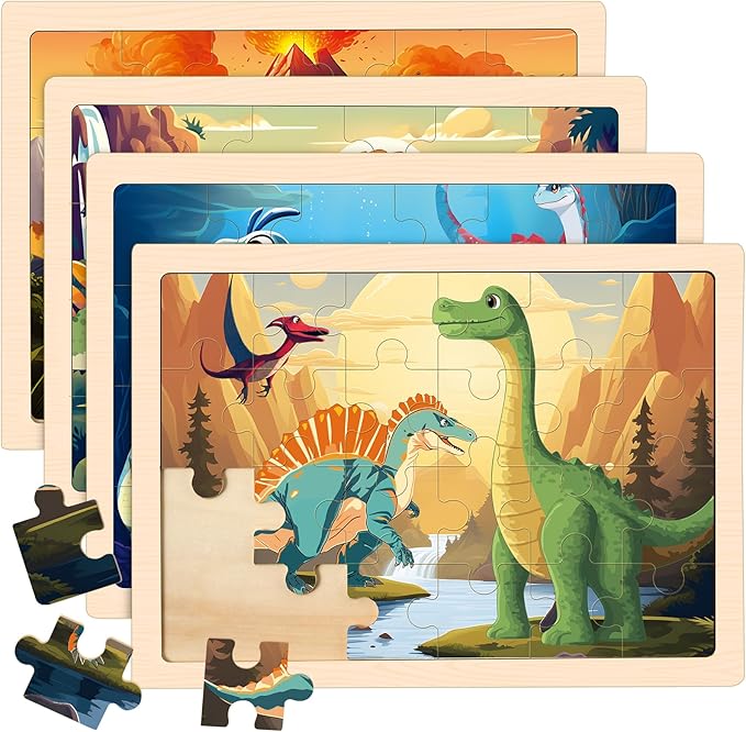 Wooden Dinosaurs Puzzles for Kids Age 3 4 5 Year Old, 4 Pack 24 Pcs Montessori Toddler Jigsaw Puzzles for Girl boy Activities Preschool Learning Educational Birthday Gift Travel Autistic Wooden Toys