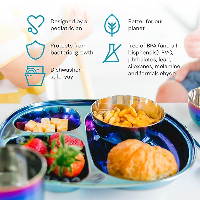 Ahimsa Stainless Steel Plates for Kids - Divided Plates for Toddlers, Pediatrician Designed, Non Toxic Toddler Plate, BPA Free & Dishwasher Safe (Blue Set of 4)