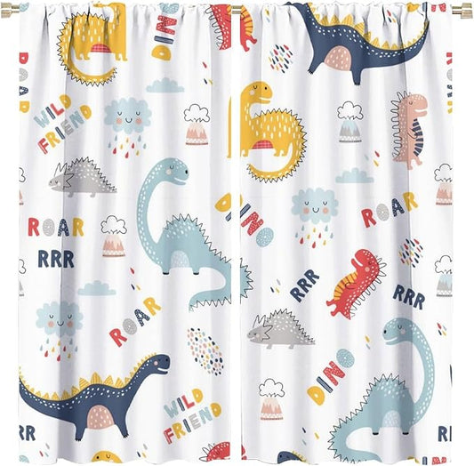 Cartoon Dinosaur Curtains for Kids Boys Girls Home Decor Colorful Cute Dino Animals Print Pattern Rod Pocket Blackout Window Drapes for Nursery Baby Bedroom Playroom W21xL45in 2 Panels