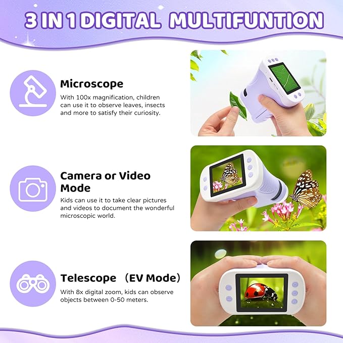 Mini 3-in-1 Pocket Microscope with Camera & Telescope, 32GB SD Card, 2.4" IPS HD Screen, Handheld Digital Microscope for Kids, Educational Science Kit, Christmas Birthday Gift for Boys Girls Ages 3-9