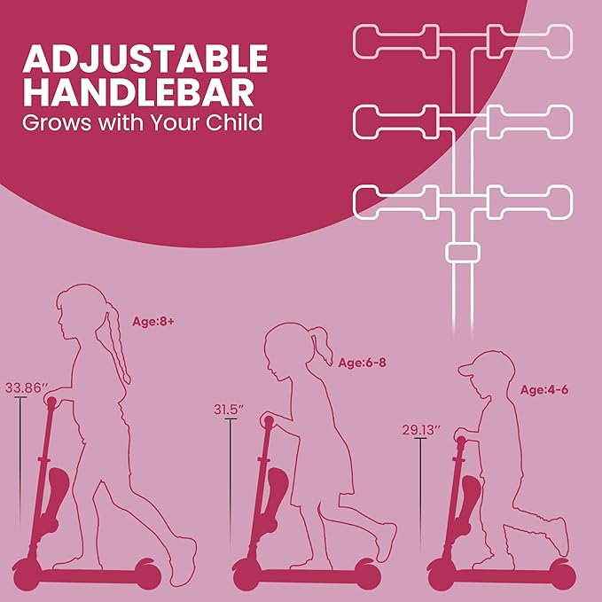 Pink 3 Wheel Scooter with Seat for Kids – Light-Up LED Wheels, Adjustable Handlebar and Seat, Smooth PU Wheels, Wide Anti-Slip Deck, Rear Foot Brake – Toddler Outdoor Toys for Ages 2+