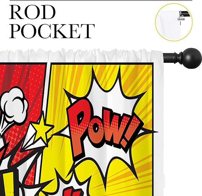 Superhero City Wars Explosion Rod Pocket Blackout Curtains for Boy Girl Bedroom, Colorful Comics Ar Home Energy Efficient Light Filtering Window Curtain for Living Room, 84x63 inch