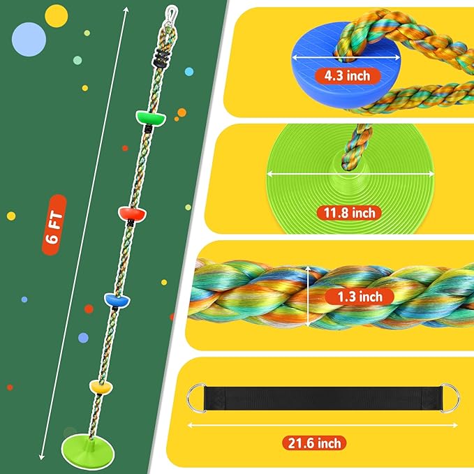 Tree Swing Rainbow Climbing Rope, Heavy Duty Swing Disc Seat Replacement for Kids with Hanging Strap and Platform Carabiners Indoor/Outdoor Playground Accessories (Leaf Green)