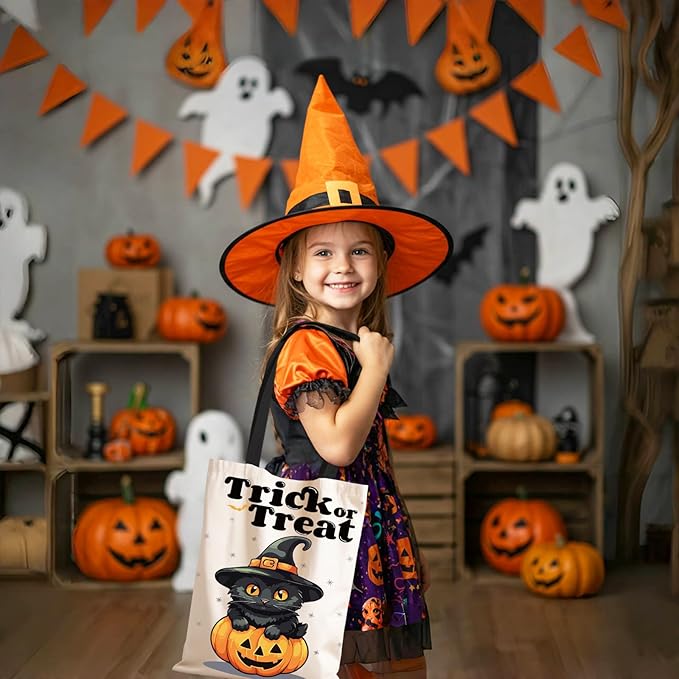 TYL&TYS Halloween Treat Bags, 3Pcs Trick or Treating Bags, Halloween Candy Canvas Tote Gift Bags (Trick or Treat, Cat, Pumpkin), Reusable Grocery Boo Basket Bag for Kids