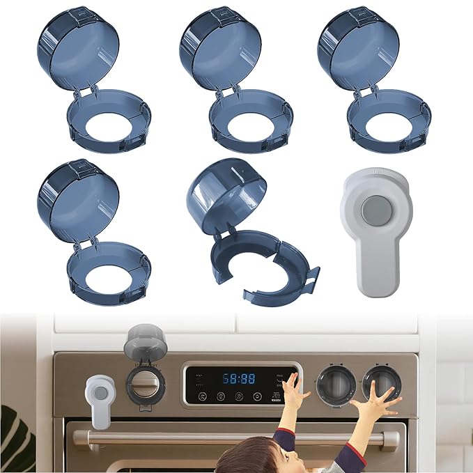 5+1 Packs Stove Knob Safety Covers, Childproof Oven Door Lock, Double-Key Design and Universal Size, Water Resistant Oil Resistant and High Temperature Resistant, for Home Kitchen Kids Pets Childproof