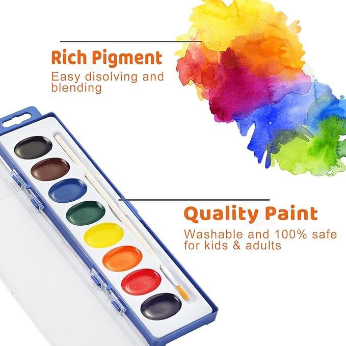 Watercolor Paint Set for Kids (8 Colors), 24 Pack Washable Watercolor + 24 Woodbrushes, Water Color Paint for Classroom, Party Favors and Art Activities
