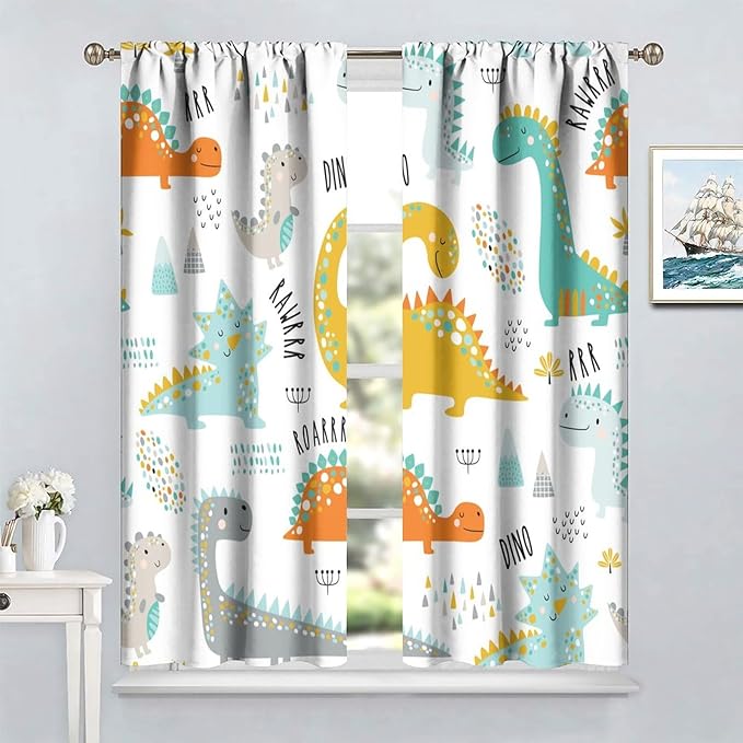 Dinosaur Curtains for Kids Boys Girls Home Decor Childish Cute Dino Animals Print Pattern Rod Pocket Blackout Window Drapes for Nursery Baby Bedroom Playroom W21xL63in 2 Panels