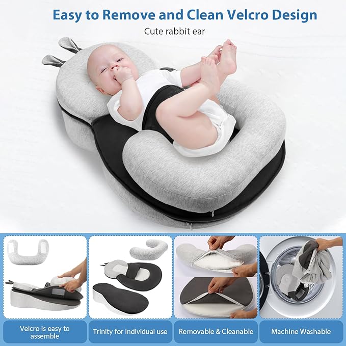 Baby Lounger,Pillow with Safety Straps, Dual-Function Removable Machine-Washable Pad, Lightweight & Portable（Gray）