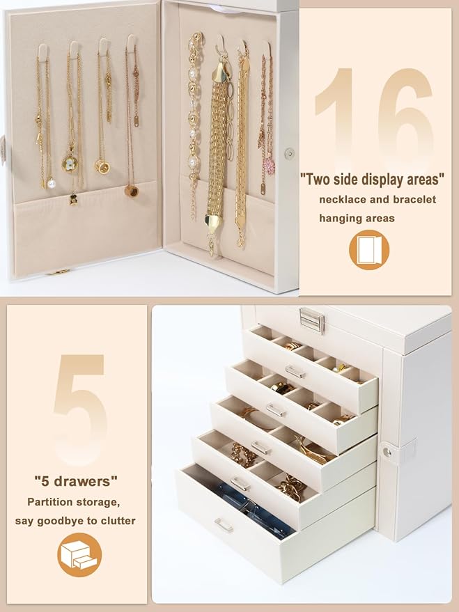 BOOVO Jewelry Box For women, 6 Layer Large Jewelry Organizer With Mirror, Multi-Function Storage Box With Lock, Accessory Holder With 5 Drawers, For Earrings Necklace Ring Bracelet (Pearl White)