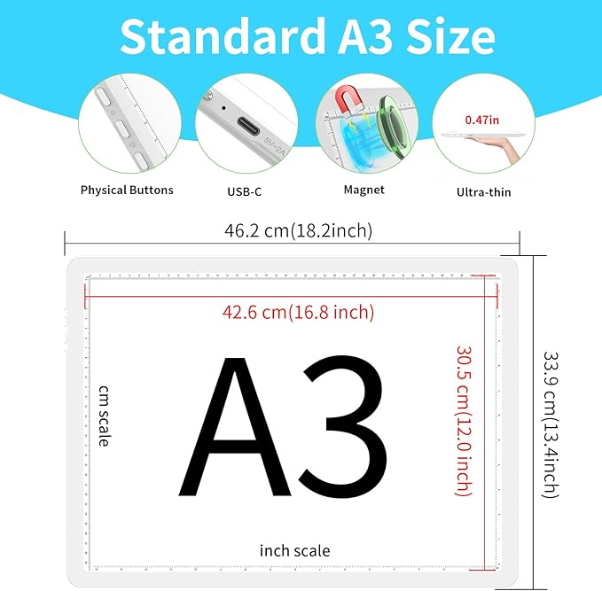 Phylosal Rechargeable A3 LED Light Pad with Built-in Stand, Magnetic Tracing Light Box for Drawing, Diamond Art Light Board with Side Button, Super Bright Light Table for Diamond Painting, Sketching