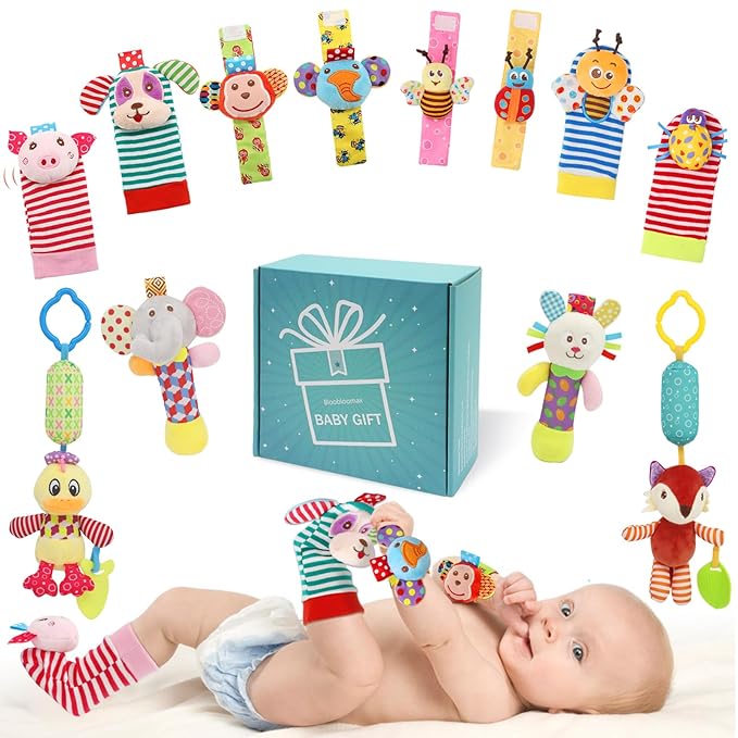 Wrist Rattles Foot Finder Rattle Sock Baby Toy, Hanging Rattle Toy, Hand Bracelet Rattle, Feet Leg Ankle Socks, Activity Rattle Present Gift for Newborn Infant Babies Boy Girl-12pcs A