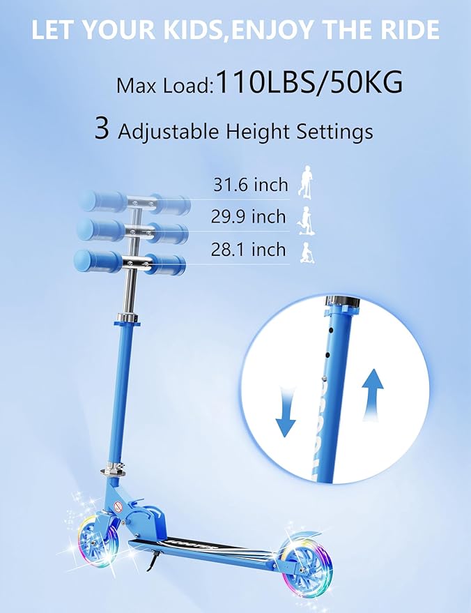 Scooter for Kids Ages 3+, 2 Wheels Kids Kick Scooter with Led Light Up & 3 Levels Adjustable, Lightweight Foldable for Boys&Girls