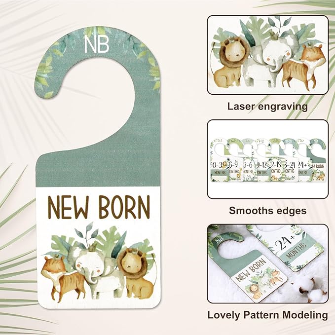 Whaline 8Pcs Baby Closet Size Dividers Watercolor Jungle Animals Hanging Wooden Baby Closet Organizer Double-Sided Newborn to 24 Months Thicken Baby Wardrobe Organizer