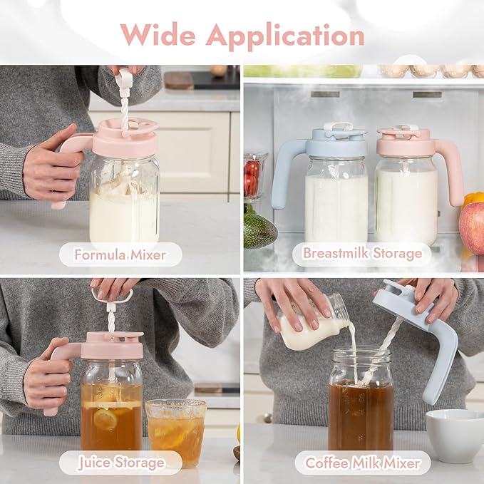 Papablic 32oz Wide Mouth Mason Jar Pour Spout Lid with Mixing Handle & Flip Locking Spout for Mixing Formula/Breastmilk/Protein Powder/Coffee, Pink